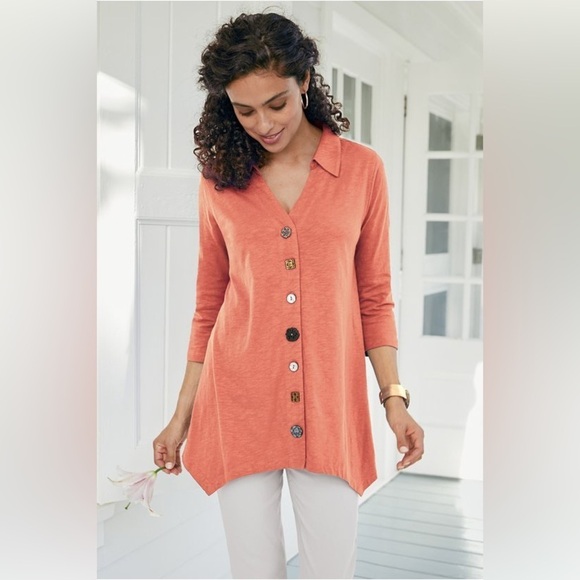 Soft Surroundings Coral Danielle Button Top Size Medium - Picture 4 of 16